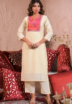 Embroidered Chanderi Silk Pakistani Suit in Cream