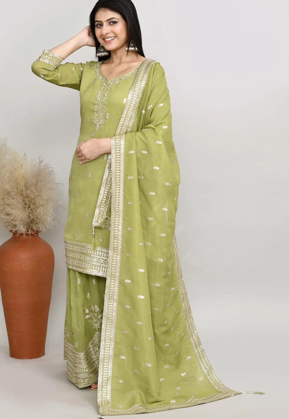 Embroidered Chanderi Silk Pakistani Suit in Olive Green
