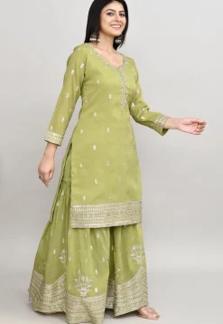 Embroidered Chanderi Silk Pakistani Suit in Olive Green