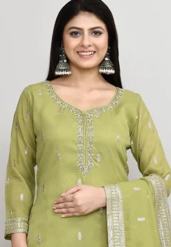 Embroidered Chanderi Silk Pakistani Suit in Olive Green