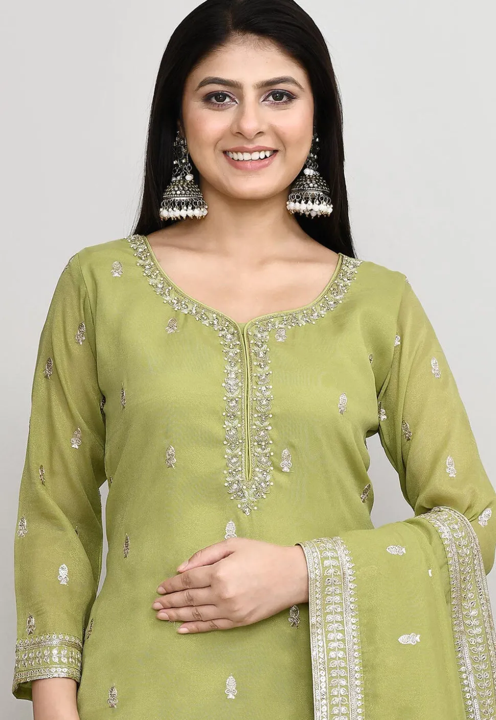 Embroidered Chanderi Silk Pakistani Suit in Olive Green