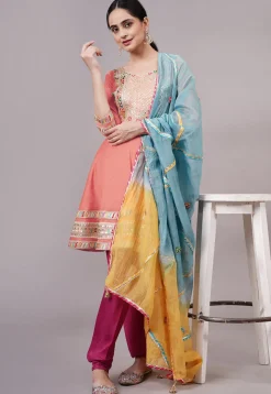 Embroidered Chanderi Silk Aline Suit in Peach Pink