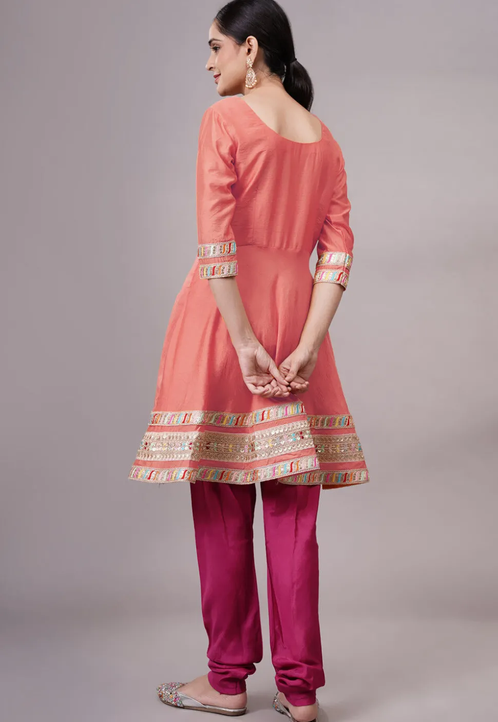Embroidered Chanderi Silk Aline Suit in Peach Pink