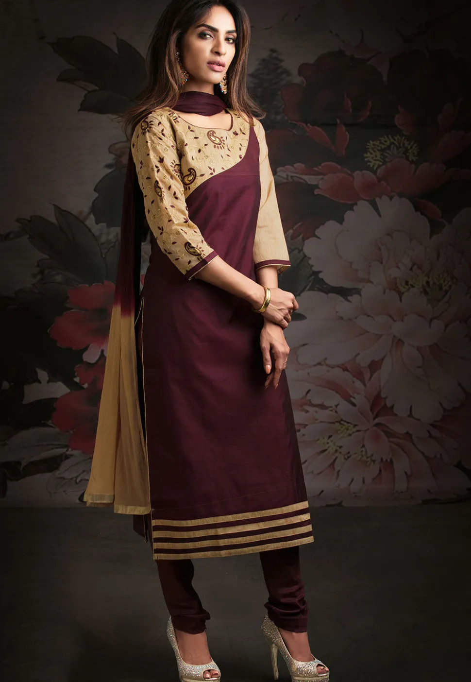 Embroidered Chanderi Silk Straight Suit in Wine and Beige