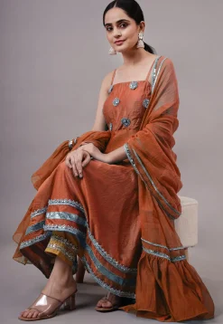 Embroidered Chanderi Silk Aline Suit in Rust