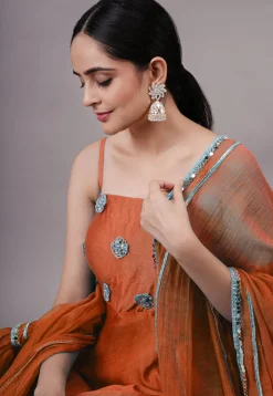 Embroidered Chanderi Silk Aline Suit in Rust