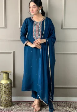 Embroidered Chanderi Silk Pakistani Suit in Blue