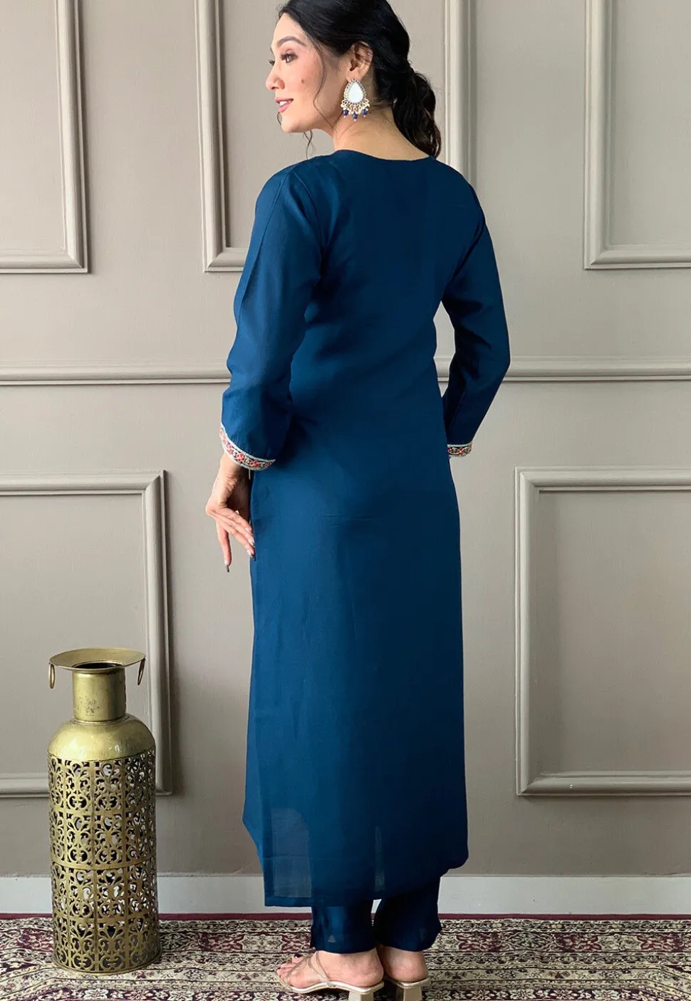 Embroidered Chanderi Silk Pakistani Suit in Blue