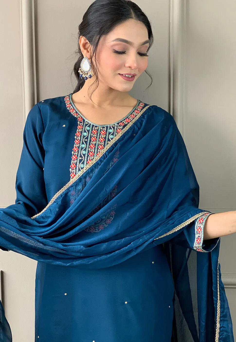 Embroidered Chanderi Silk Pakistani Suit in Blue