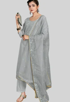 Embroidered Chanderi Silk Pakistani Suit in Grey