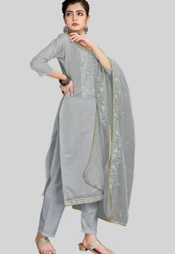Embroidered Chanderi Silk Pakistani Suit in Grey