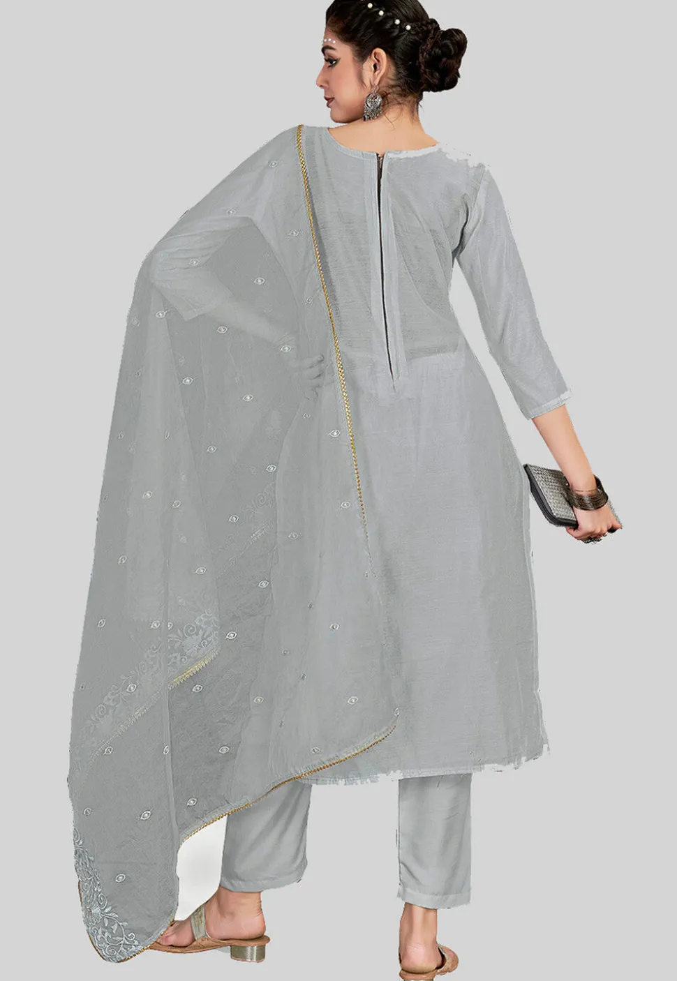 Embroidered Chanderi Silk Pakistani Suit in Grey