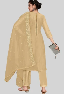 Embroidered Chanderi Silk Pakistani Suit in Beige