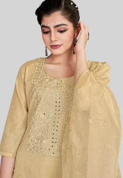 Embroidered Chanderi Silk Pakistani Suit in Beige