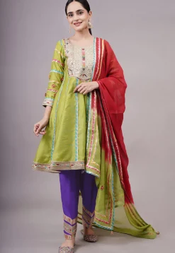 Embroidered Chanderi Silk Anarkali Suit in Olive green