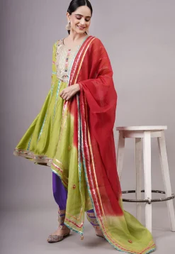 Embroidered Chanderi Silk Anarkali Suit in Olive green