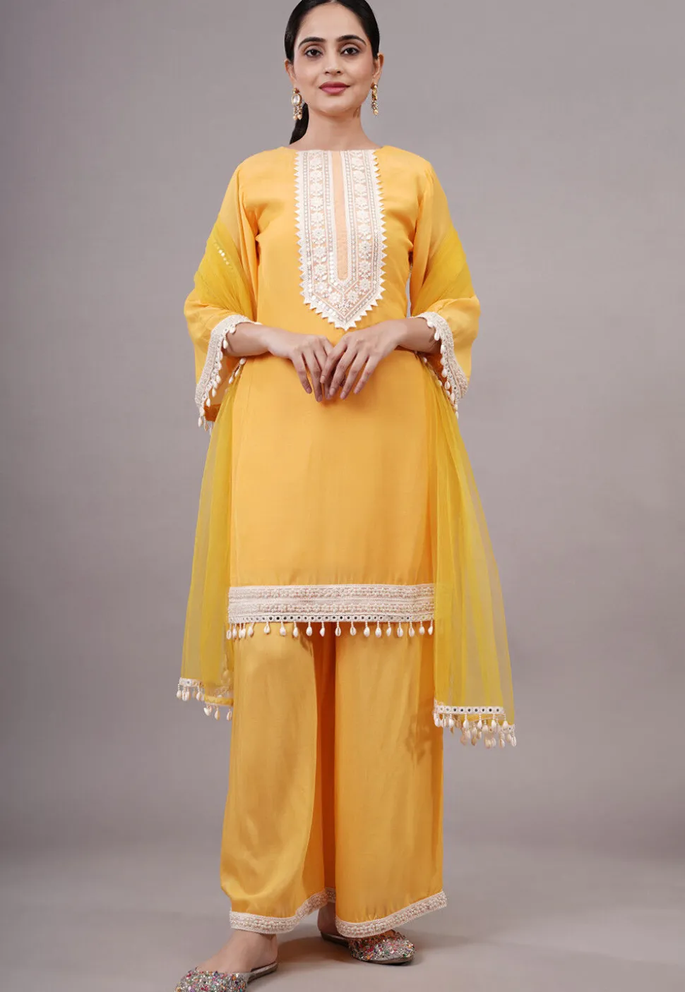 Embroidered Chanderi Silk Pakistani Suit in Yellow
