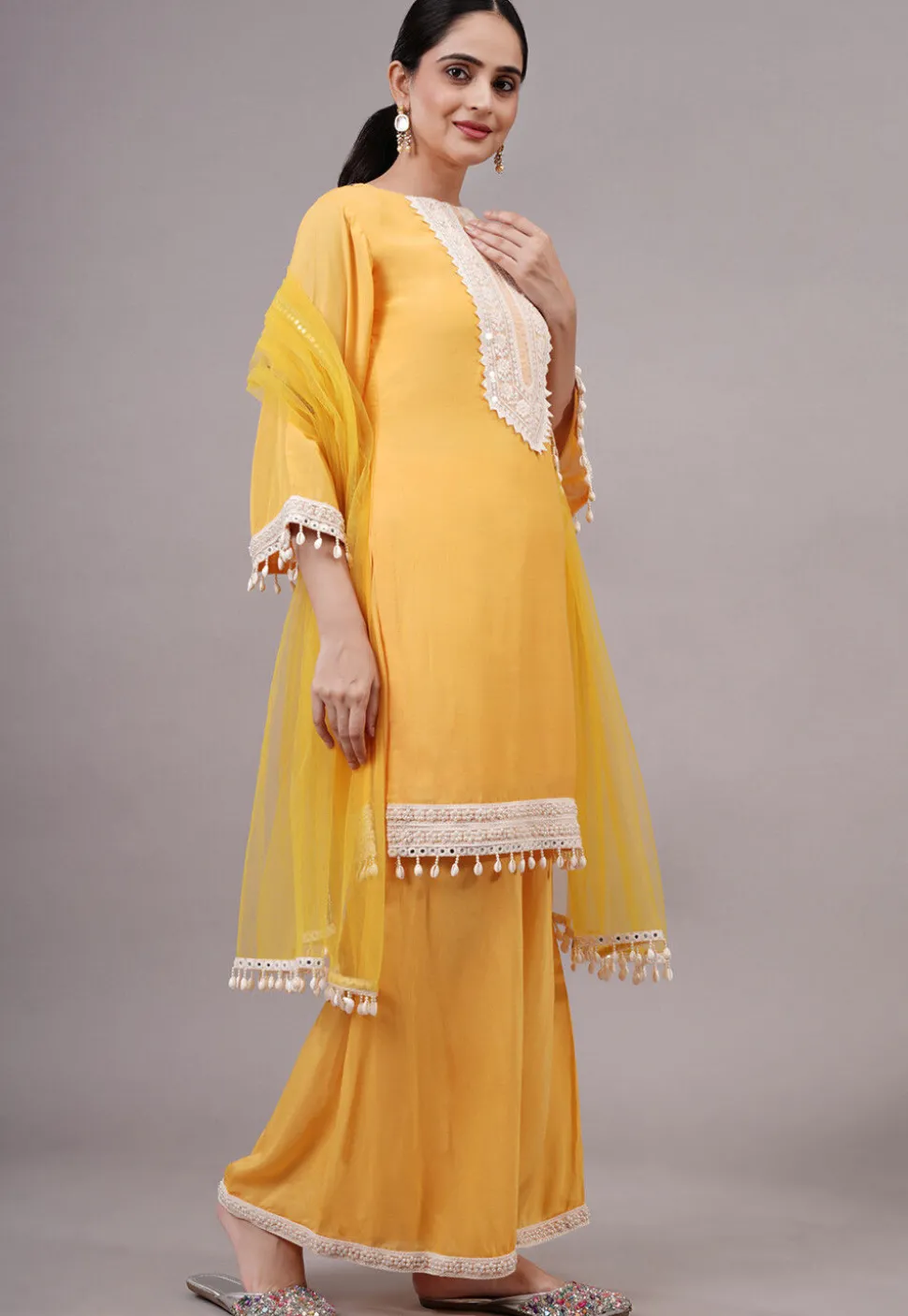 Embroidered Chanderi Silk Pakistani Suit in Yellow
