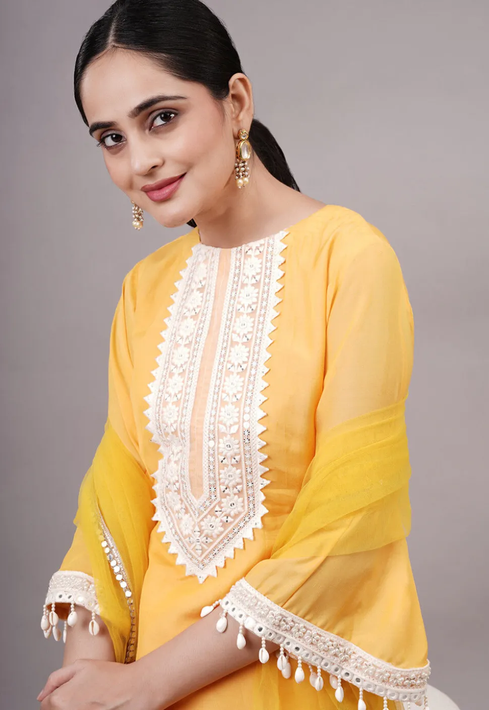 Embroidered Chanderi Silk Pakistani Suit in Yellow