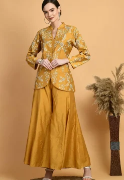 Embroidered Chanderi Silk Top Set in Mustard