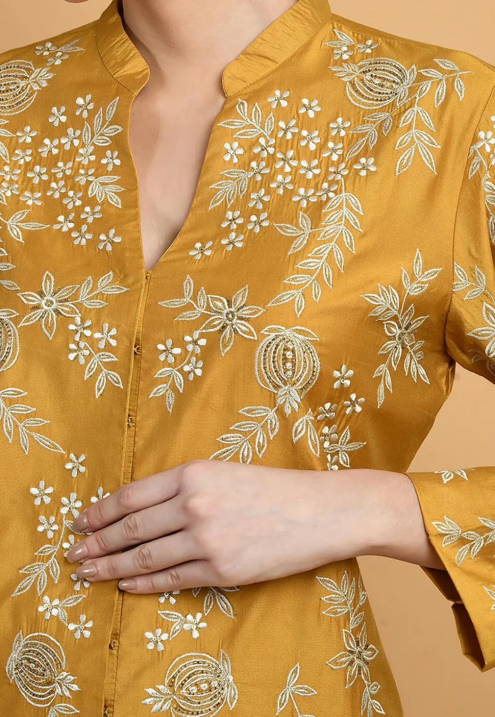 Embroidered Chanderi Silk Top Set in Mustard