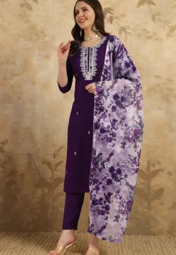 Embroidered Chanderi Silk Pakistani Suit in Wine