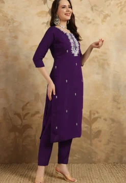 Embroidered Chanderi Silk Pakistani Suit in Wine