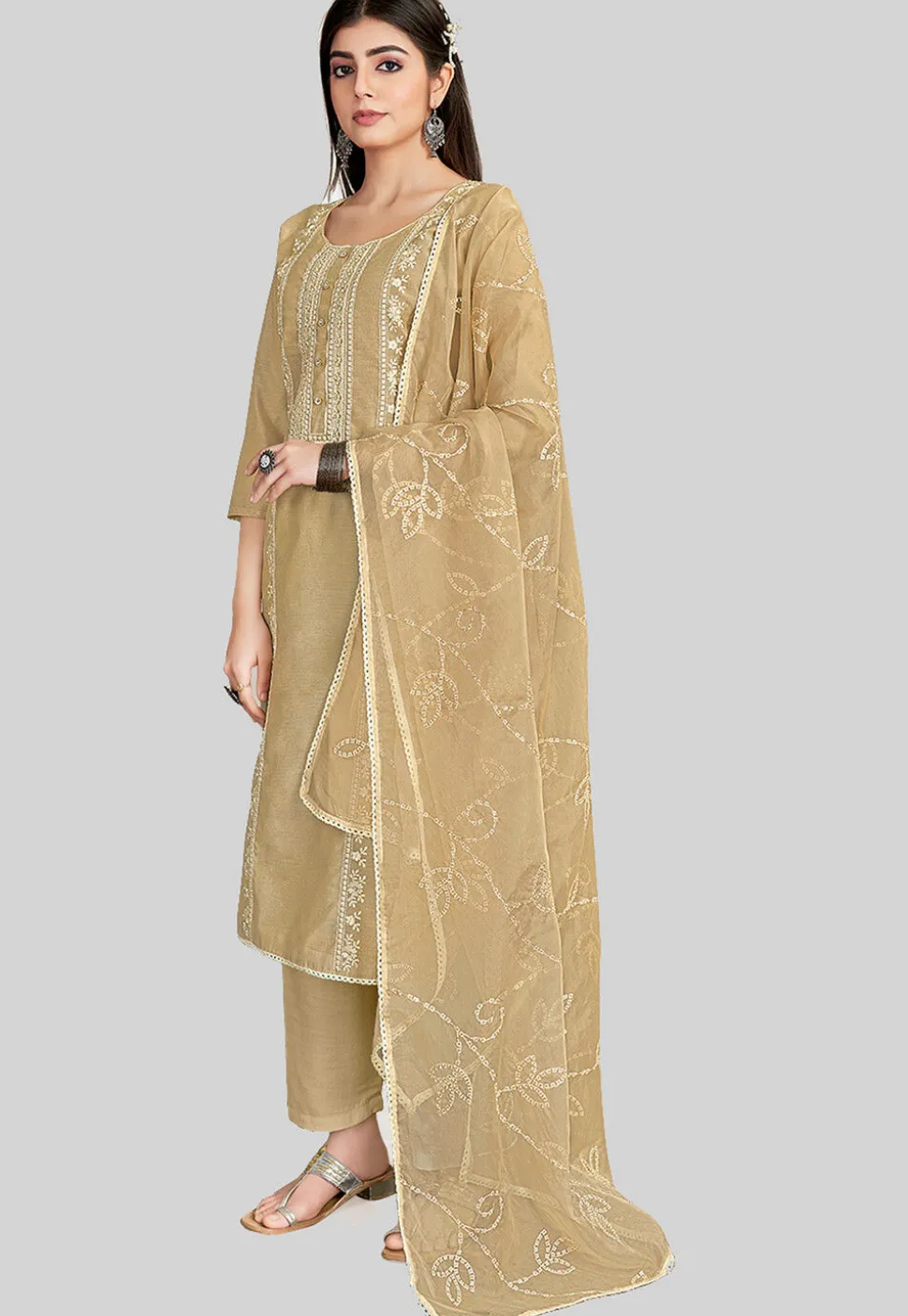 Embroidered Chanderi Silk Pakistani Suit in Beige