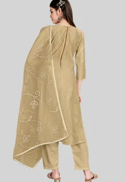 Embroidered Chanderi Silk Pakistani Suit in Beige
