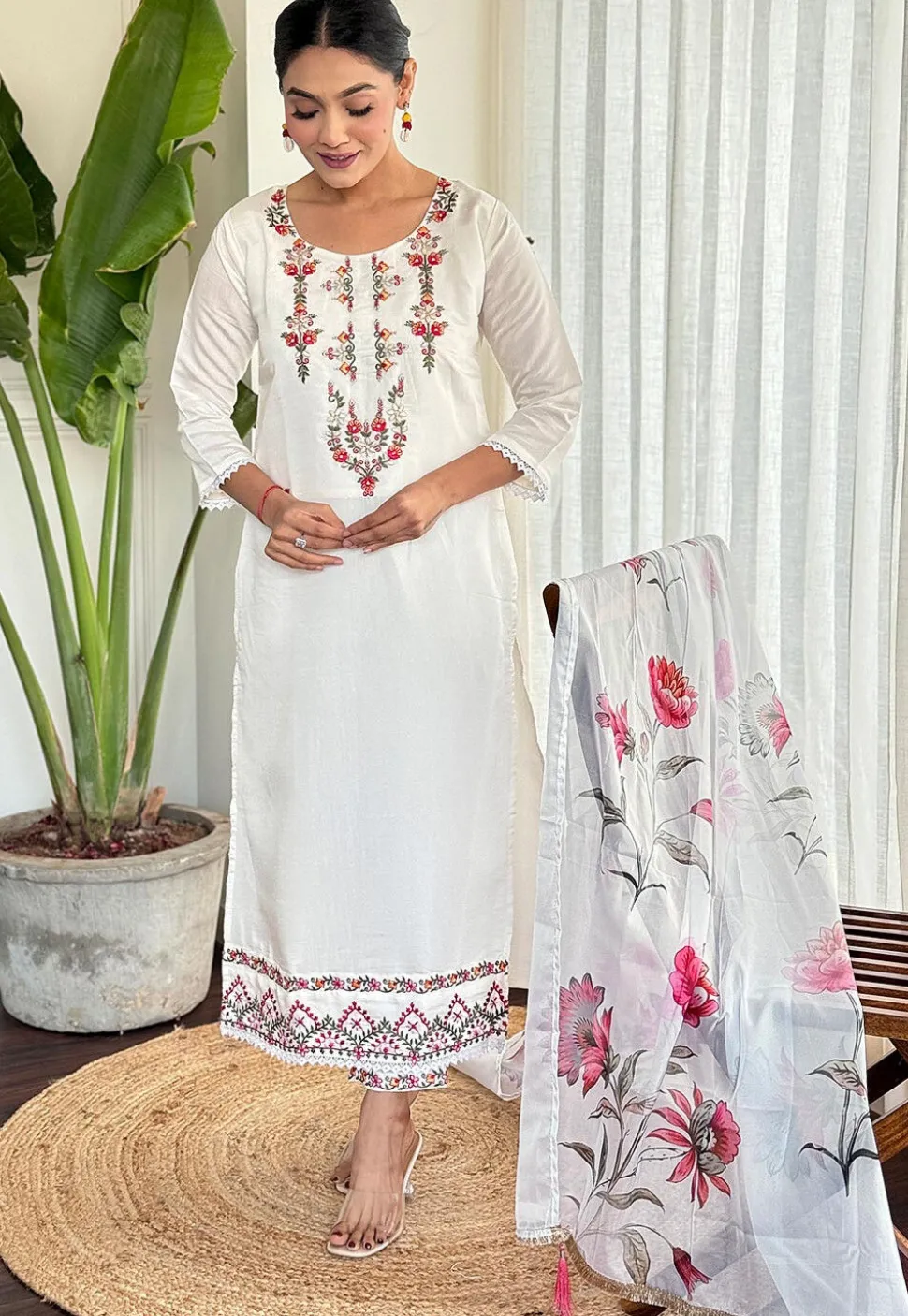 Embroidered Chanderi Silk Pakistani Suit in Off White