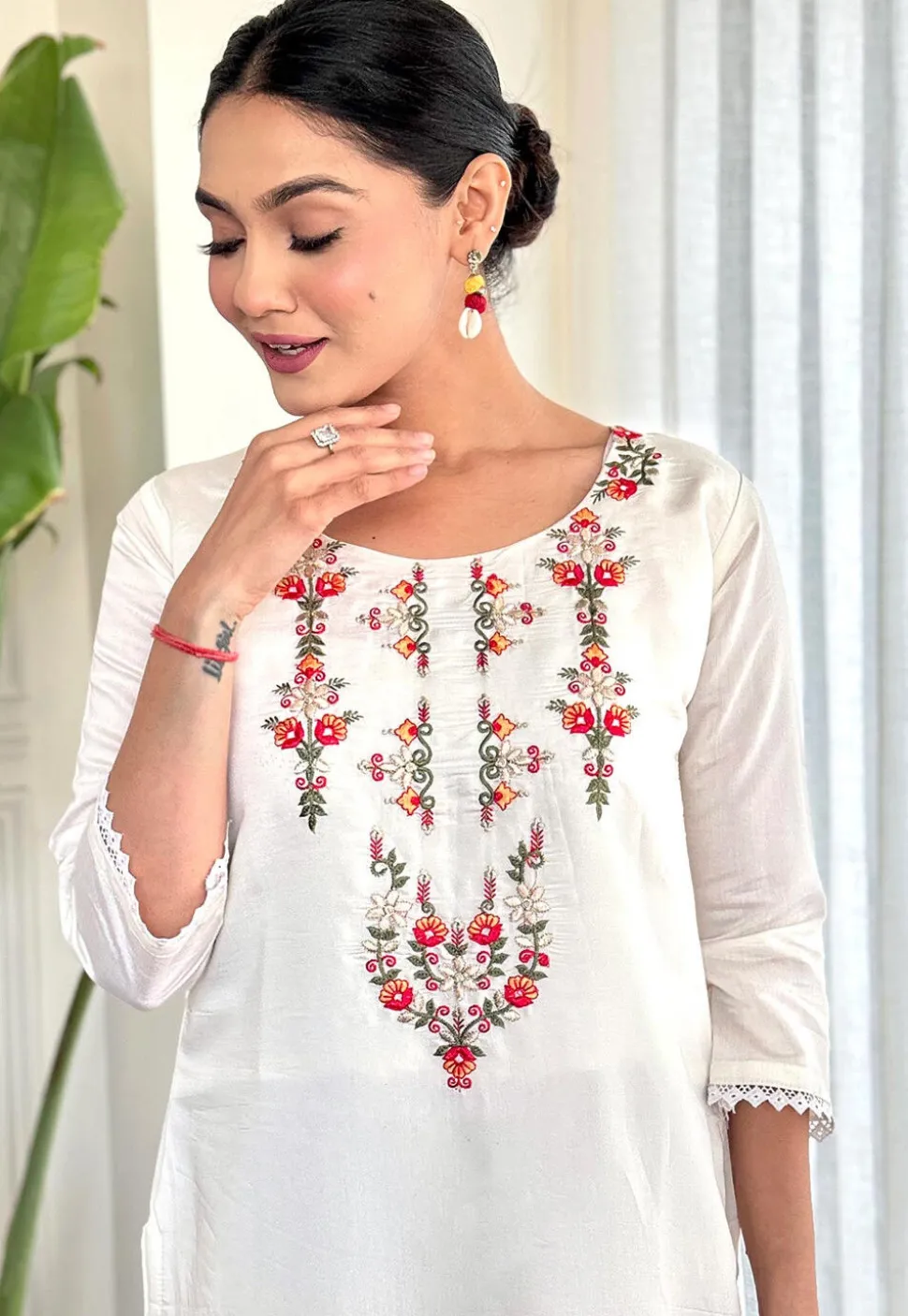 Embroidered Chanderi Silk Pakistani Suit in Off White