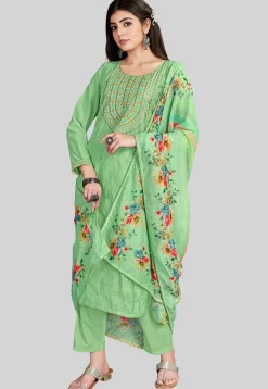 Embroidered Chanderi Silk Pakistani Suit in Green