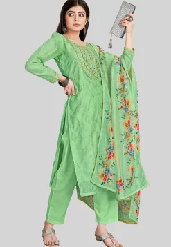 Embroidered Chanderi Silk Pakistani Suit in Green