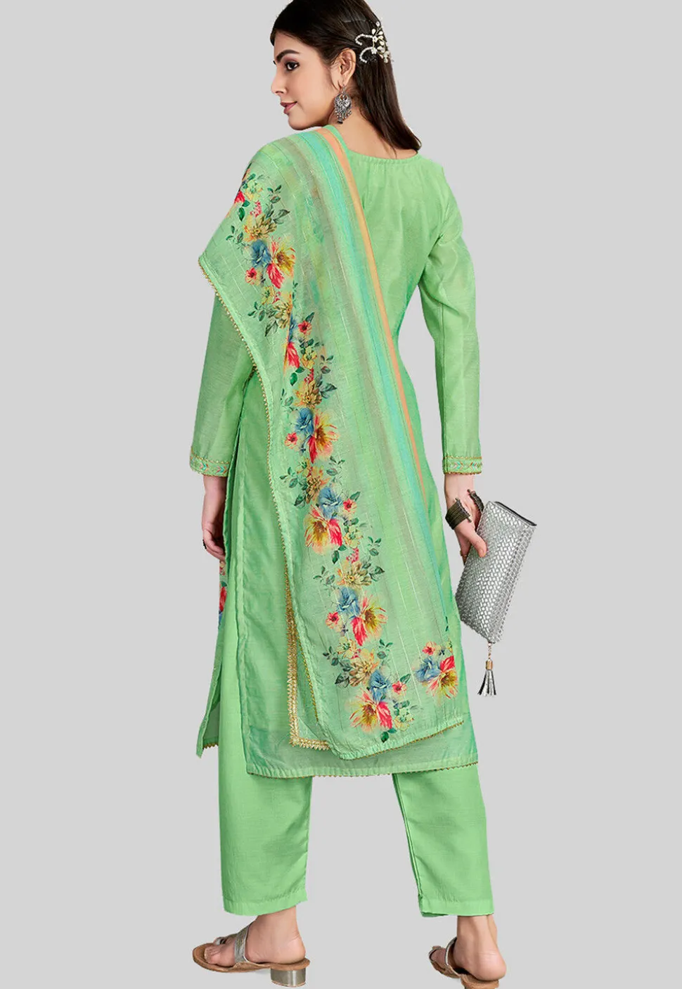 Embroidered Chanderi Silk Pakistani Suit in Green