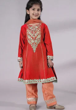Embroidered Chanderi Silk Punjabi Suit in Red