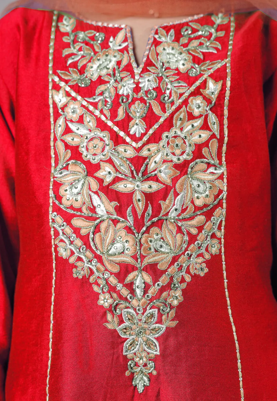 Embroidered Chanderi Silk Punjabi Suit in Red