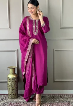 Embroidered Chanderi Silk Pakistani Suit in Wine