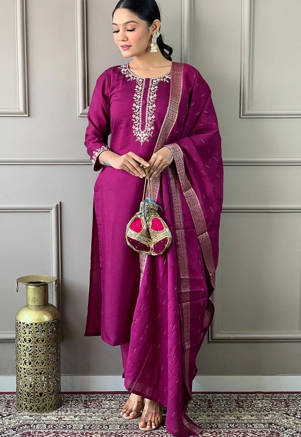 Embroidered Chanderi Silk Pakistani Suit in Wine