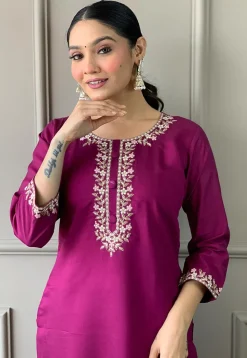 Embroidered Chanderi Silk Pakistani Suit in Wine