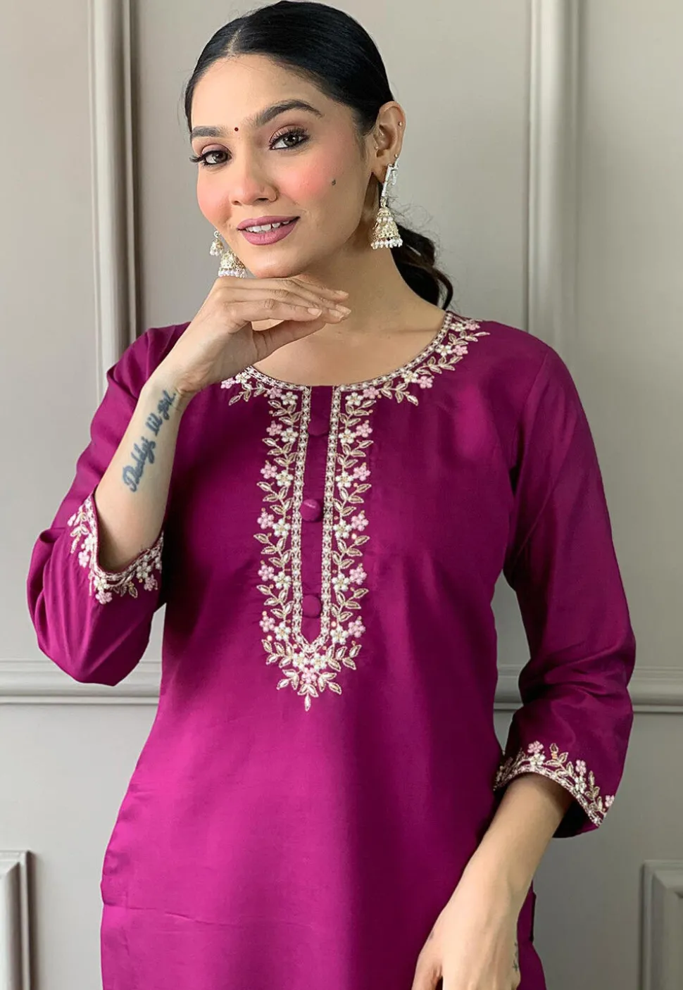 Embroidered Chanderi Silk Pakistani Suit in Wine
