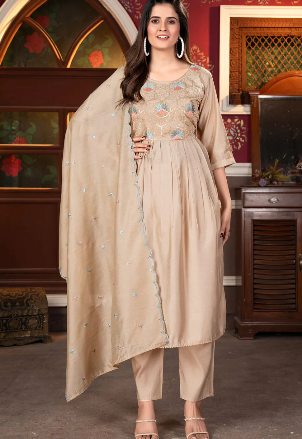Embroidered Chanderi Silk Pakistani Suit in Beige