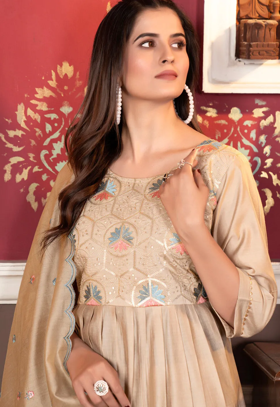 Embroidered Chanderi Silk Pakistani Suit in Beige