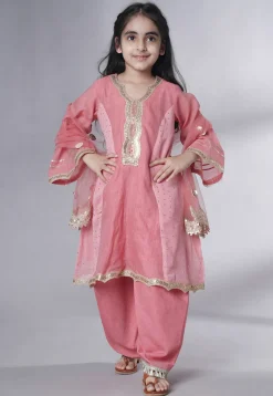 Embroidered Chanderi Silk Punjabi Suit in Baby Pink