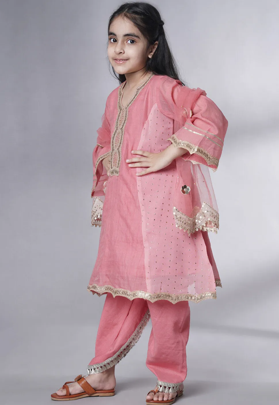 Embroidered Chanderi Silk Punjabi Suit in Baby Pink