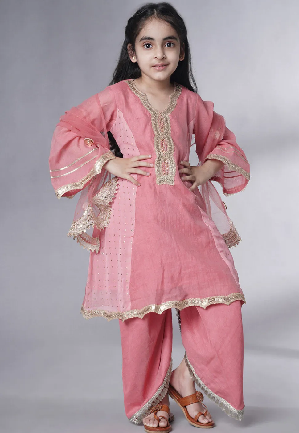 Embroidered Chanderi Silk Punjabi Suit in Baby Pink