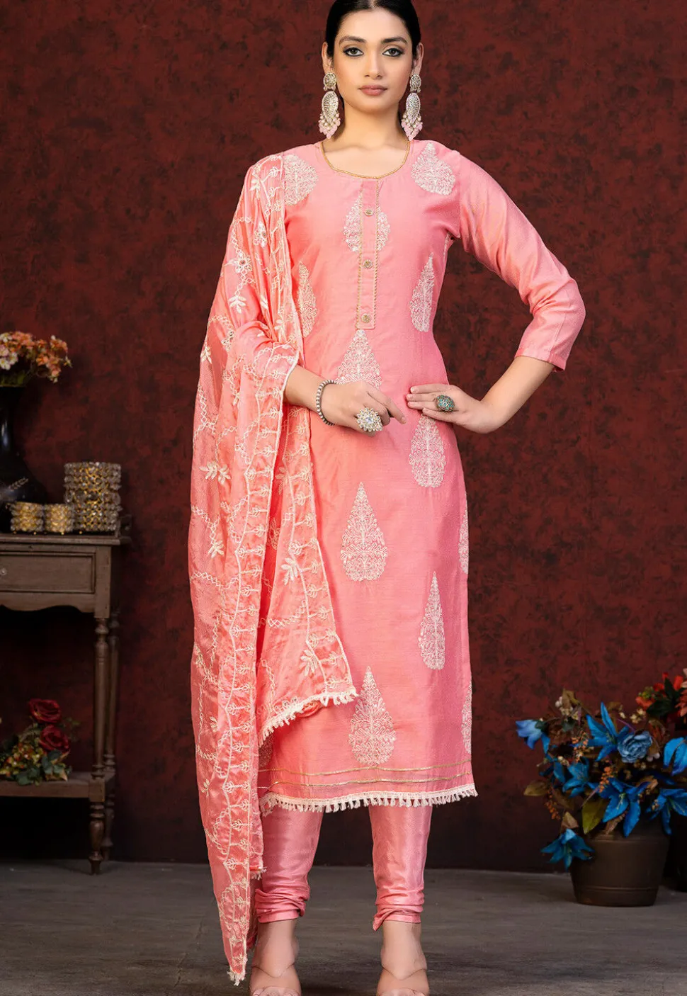 Embroidered Chanderi Silk Straight Suit in Peach