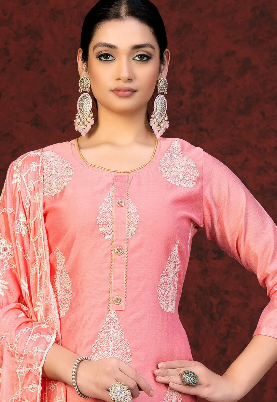 Embroidered Chanderi Silk Straight Suit in Peach