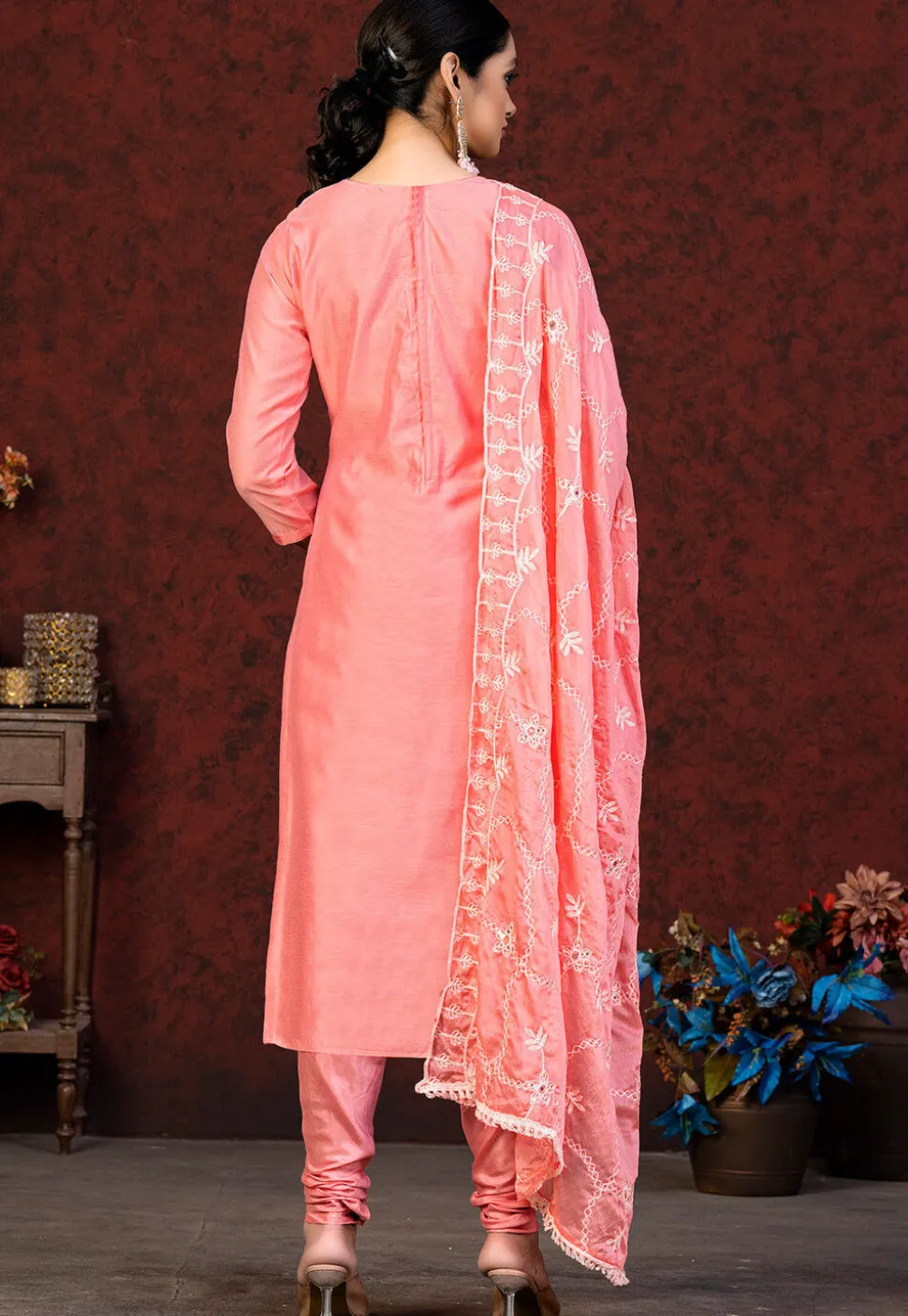 Embroidered Chanderi Silk Straight Suit in Peach