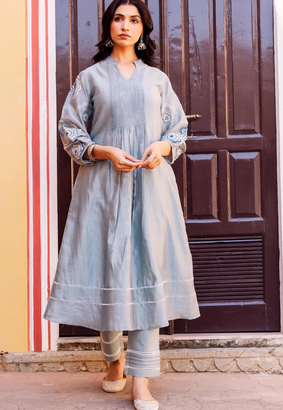 Embroidered Chanderi Silk A Line Kurta Set in Dusty Blue