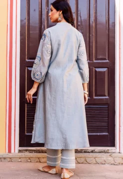 Embroidered Chanderi Silk A Line Kurta Set in Dusty Blue